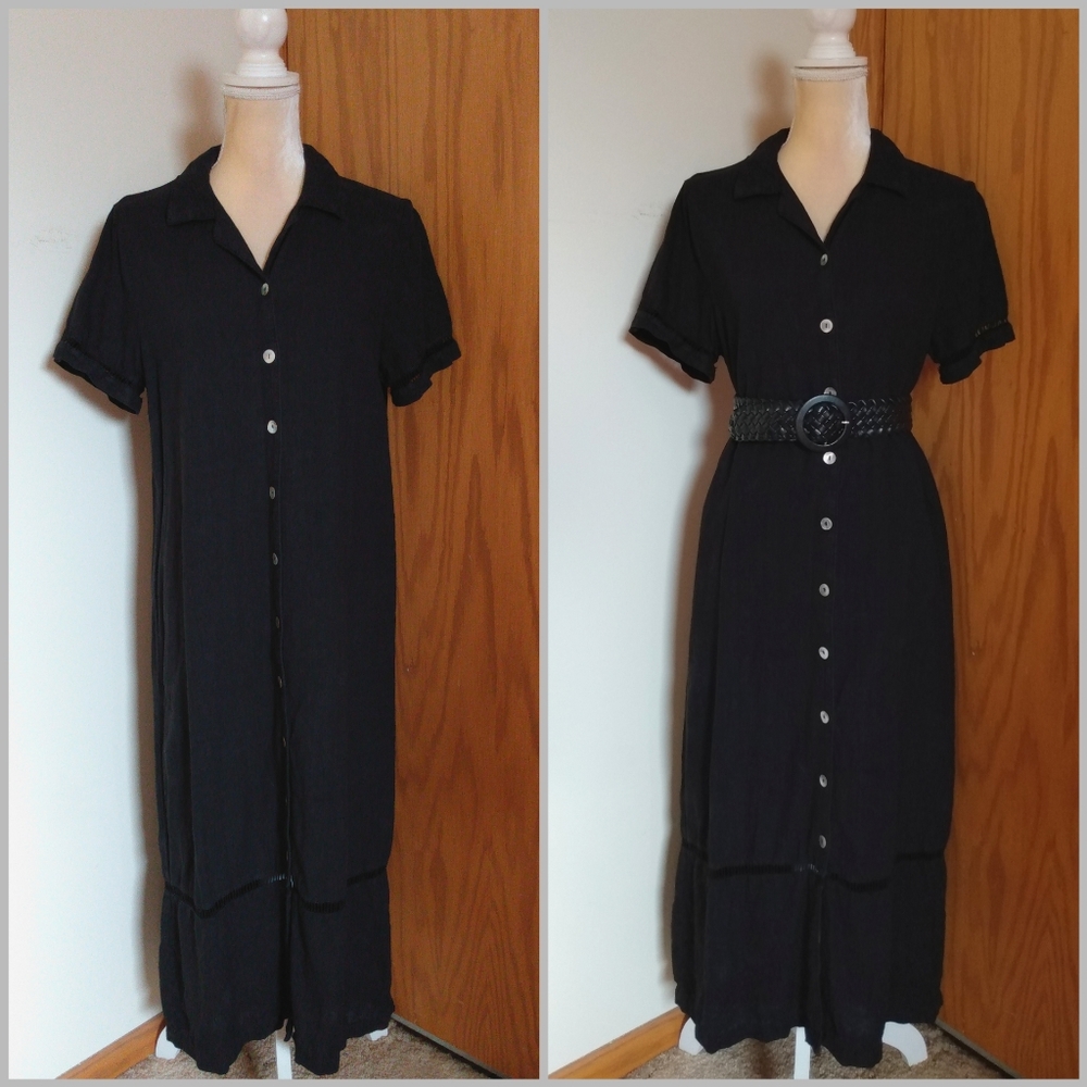 VGUC Vintage 100% Linen Black Button Down Shirtdress Embroidered Trim